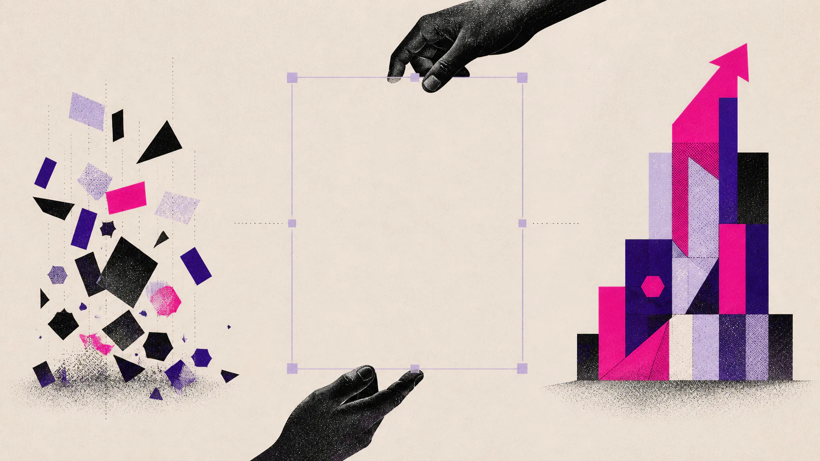 Abstract illustration of scattered pieces assembled into a growing structure