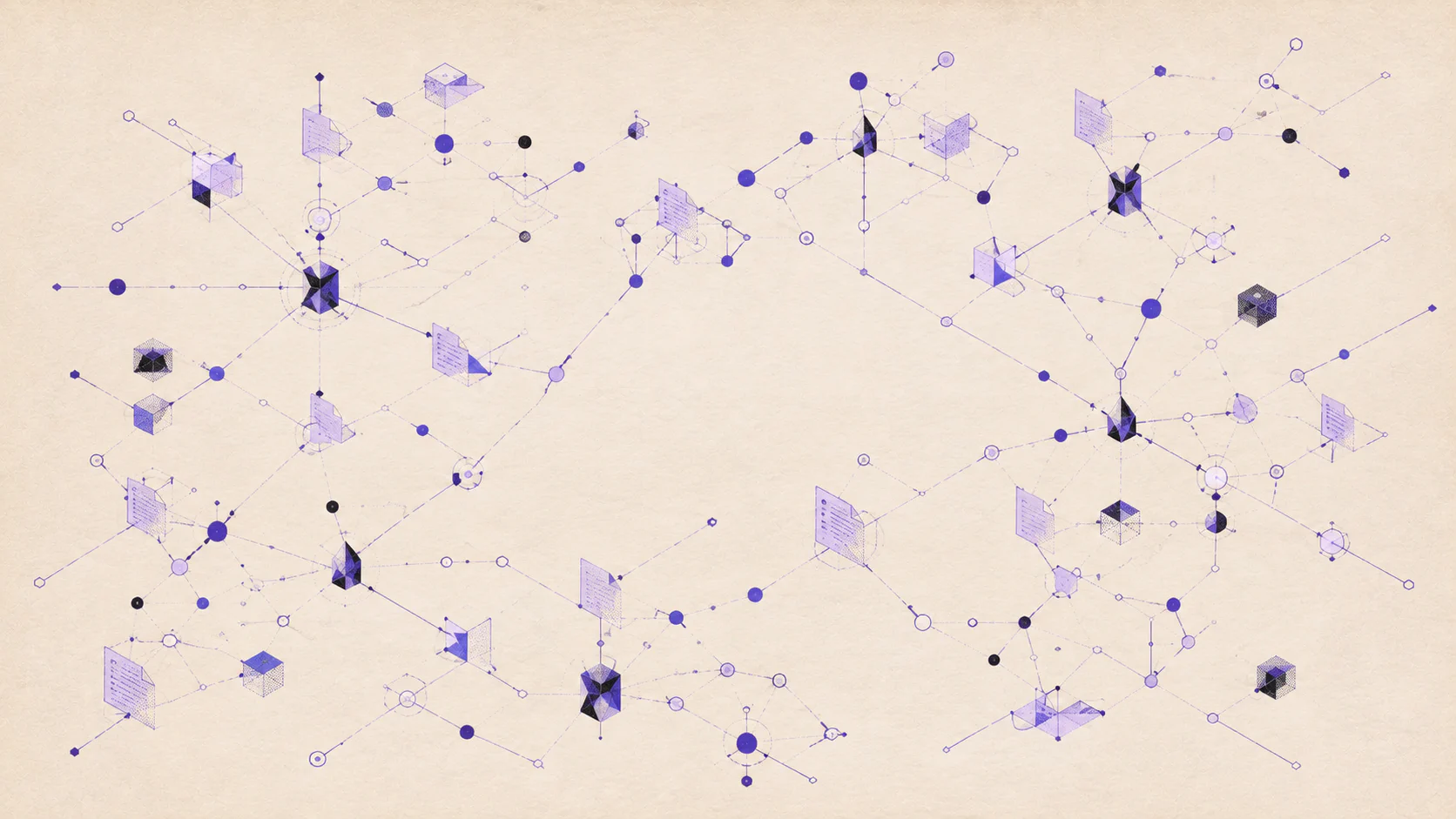 A distributed network of interconnected notes, nodes, and obsidian forms on cream paper.