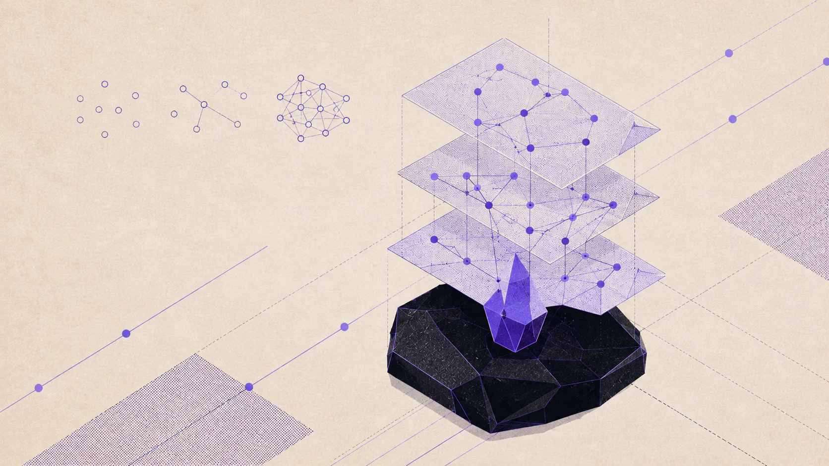 Isometric layers of linked notes above an obsidian base, illustrated in violet and black.