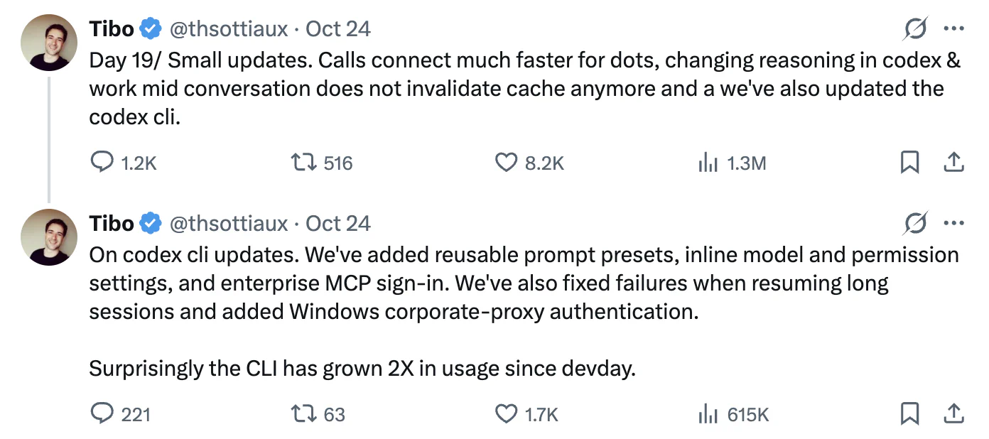 Tibo Sottiaux’s posts on X announcing Codex updates on October 24.