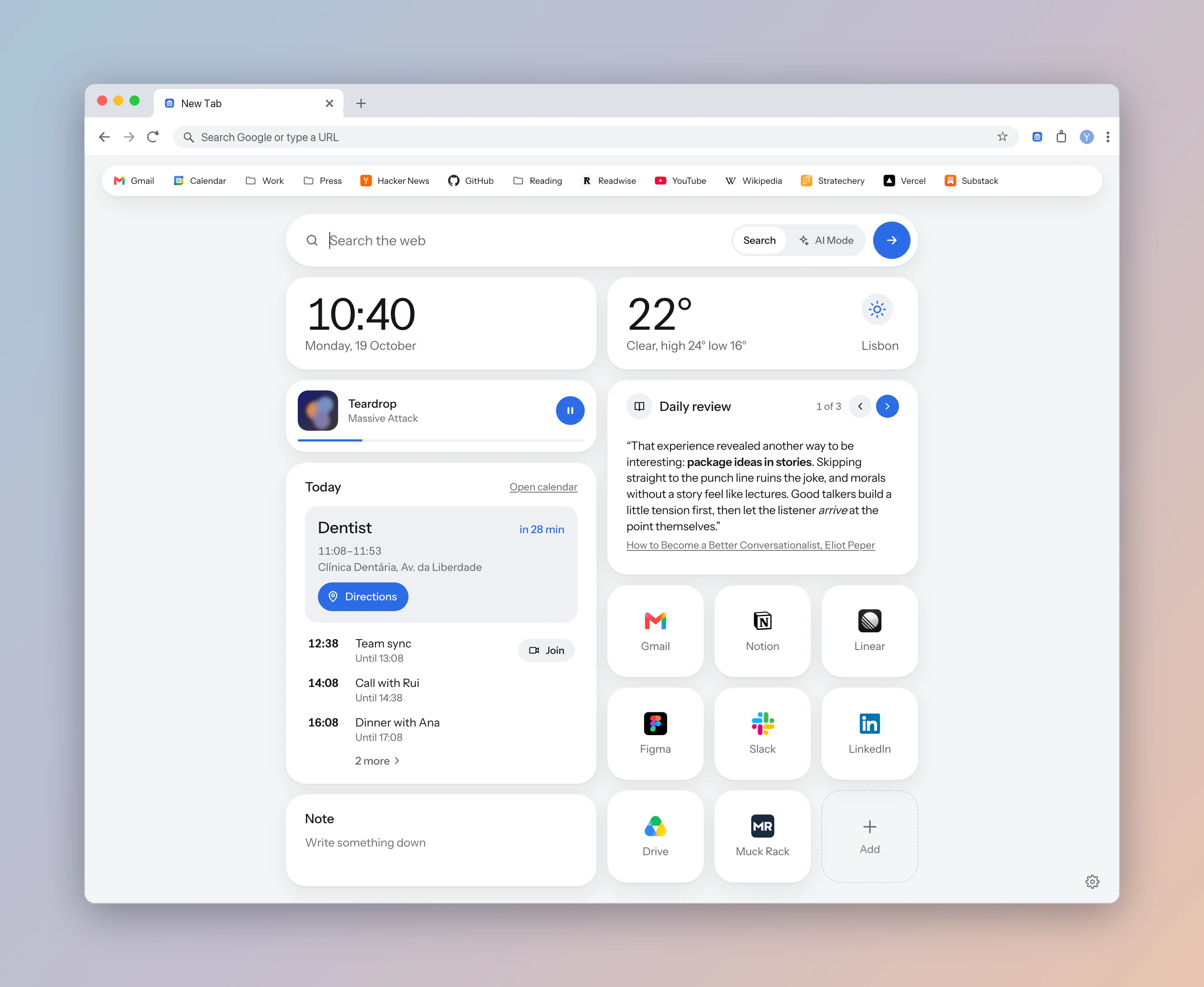 Acropolis new tab page with a bookmarks bar, search, clock, weather, a now-playing card, today's calendar, a Readwise highlight and bookmark tiles.