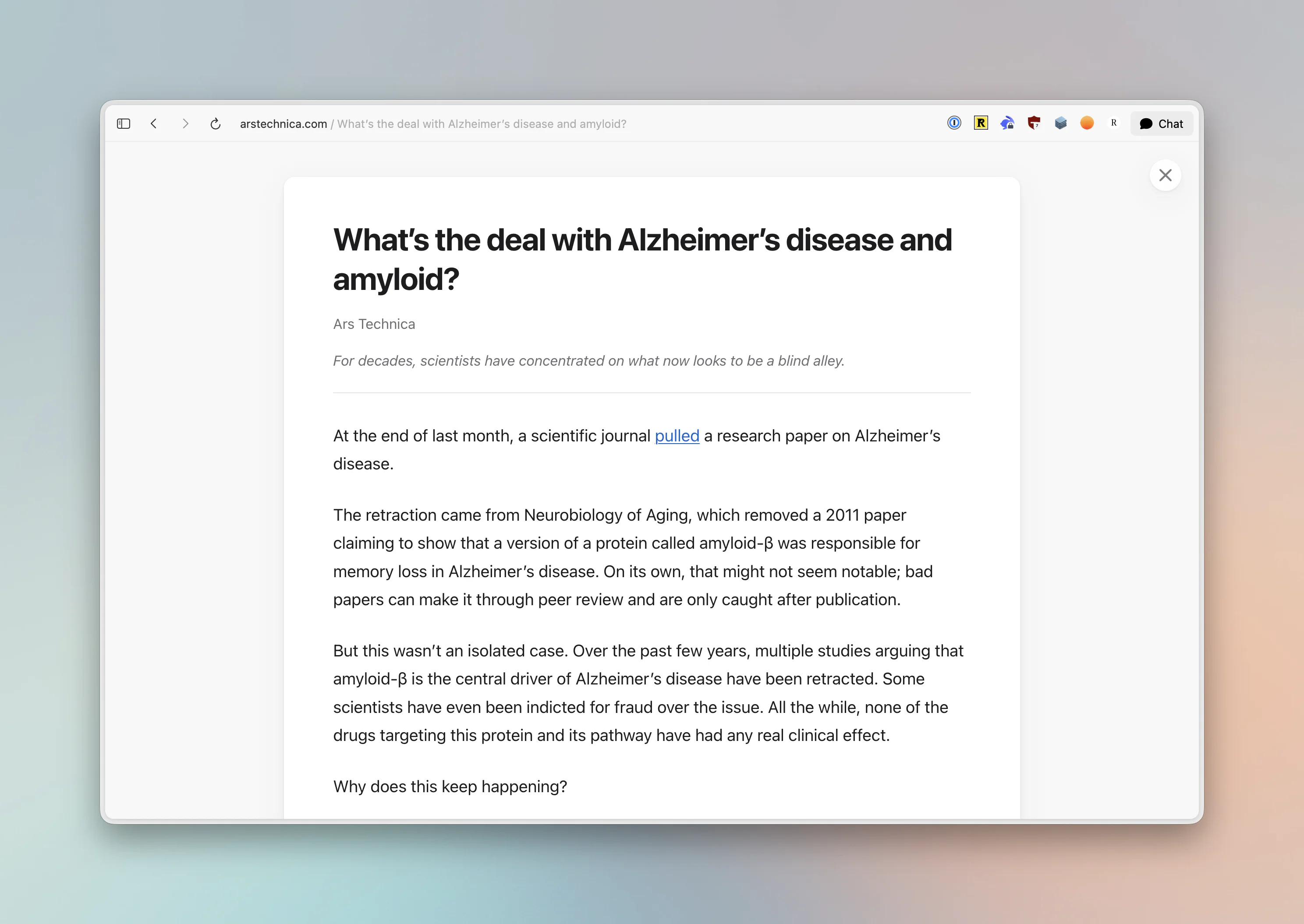 Marble Reader showing a clean reader view for an Ars Technica article in Chrome.